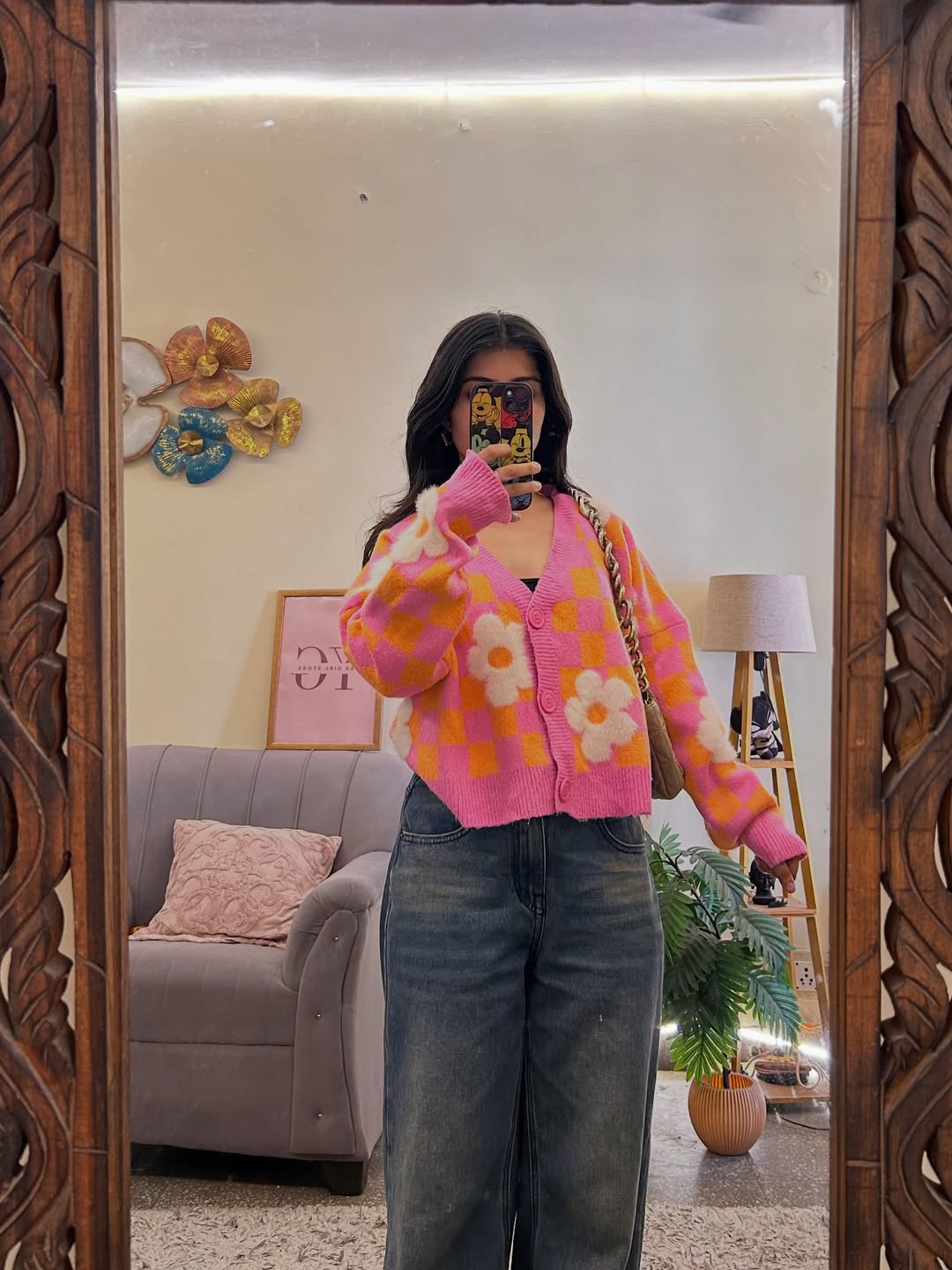 Pink Daisy Checkered Semi-Winter Knit Cardigan